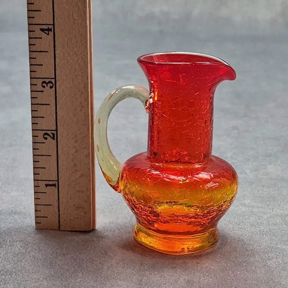 Vintage Miniature Hand-Crafted Amberina Crackle Glass Pitcher Creamer 3.75